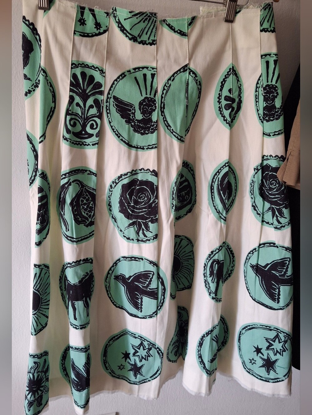 Zara Cream A-Line Skirt with Mint & Black Medallion Print